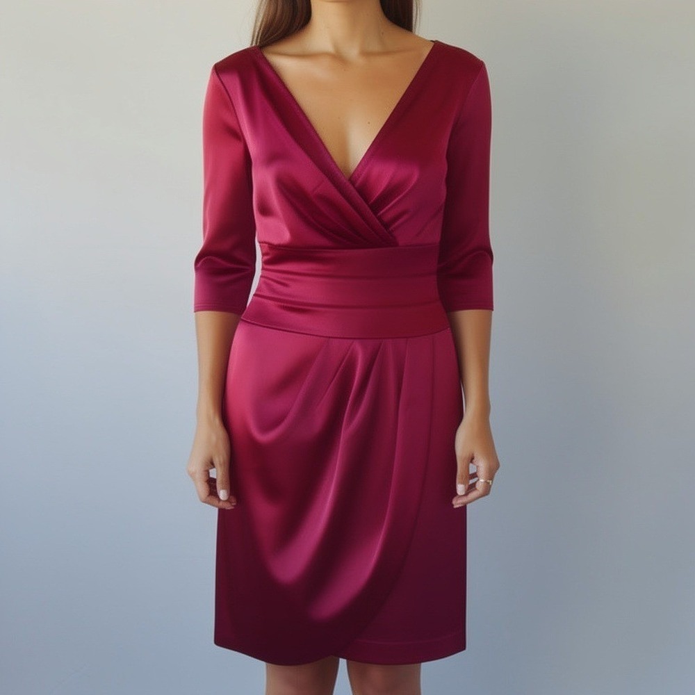 Kay Unger New York Berry Satin V-Neck 3/4 Sleeve TulipWrap Cocktail Dress 12 NWT